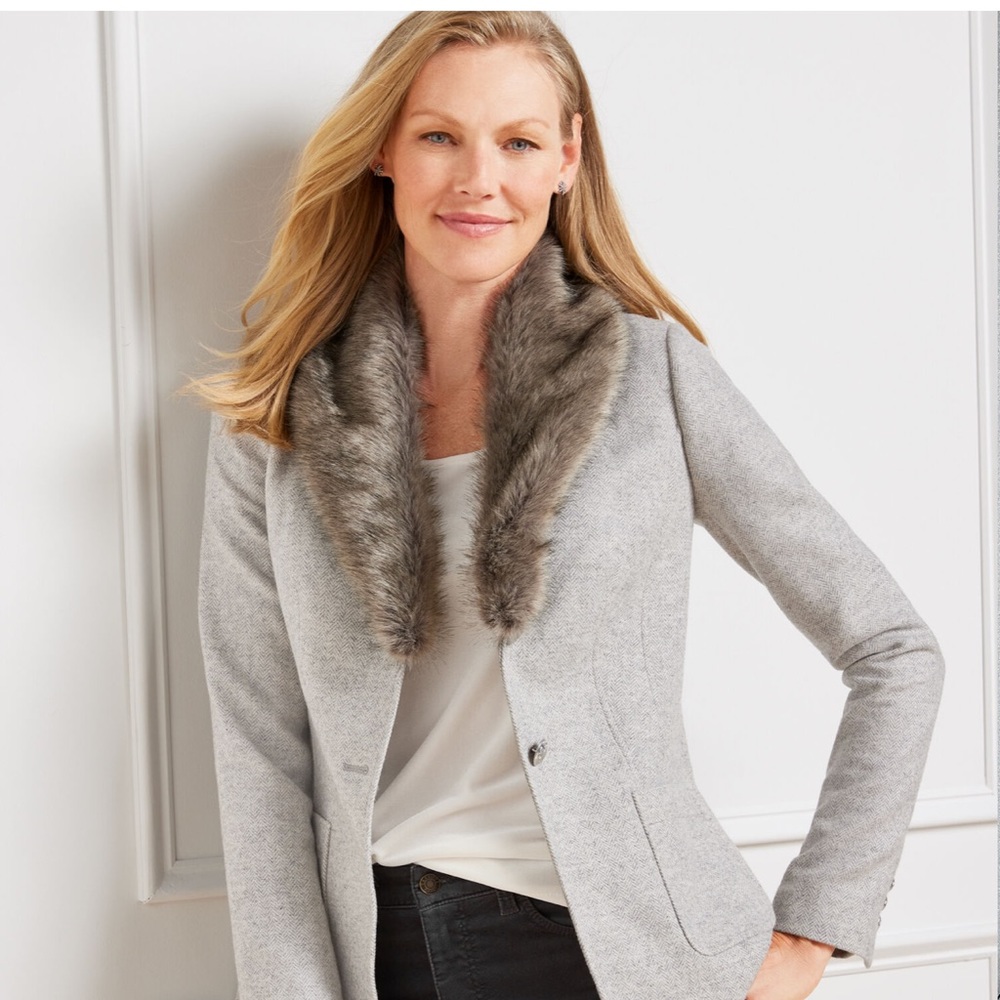 Talbots Classic Shetland Blazer grey wool removable faux fur trim Size 14